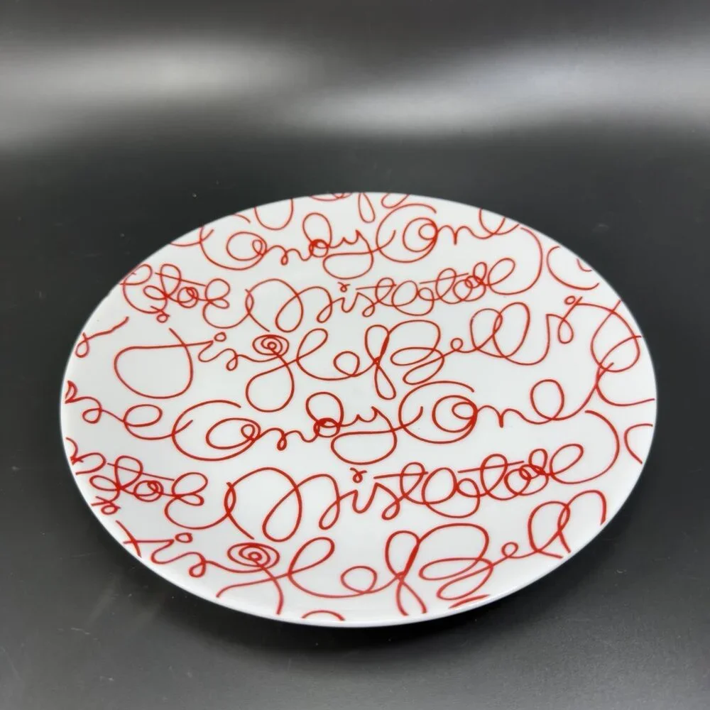Crate & Barrel‎ Artwork Script Christmas Holiday Dish Plate Set 3 Plates 8.5inch